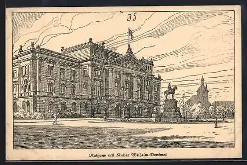 Künstler-AK Hamburg-Altona, Rathaus mit Kaiser Wilhelm-Denkmal