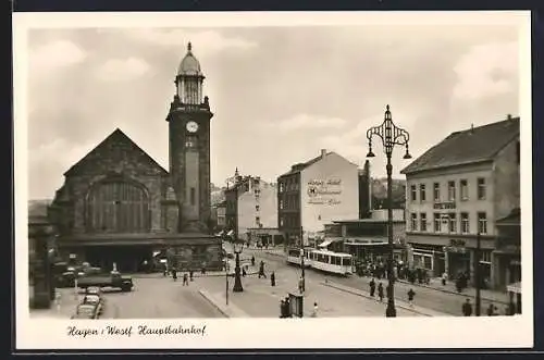 AK Hagen /Westf., Blick zum Hauptbahnhof mit Strassenbahn