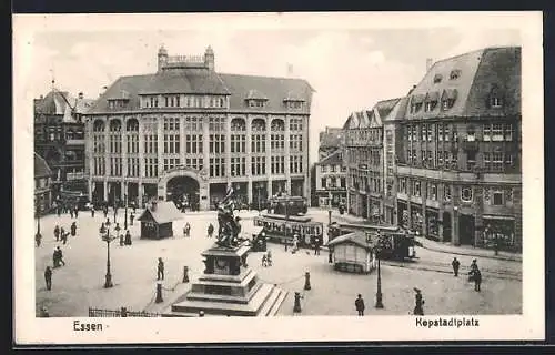 AK Essen, Denkmal und Strassenbahn auf dem Kopstadtplatz