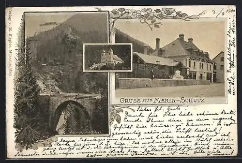 AK Maria-Schutz, Kirche, Brücke auf dem Weg nach Maria Schutz, Gasthof