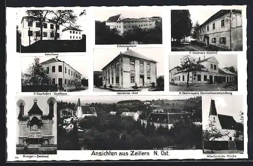 AK Zeillern, Schulhaus, Erholungsheim, F. Grabners Gasthof, K. Gayrhofers Gasthaus, A. Obstmayers Gemischtwaren