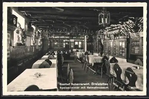 AK Dreistetten, Gasthaus Scherrerwirt, Speisezimmer mit Heimatmuseum