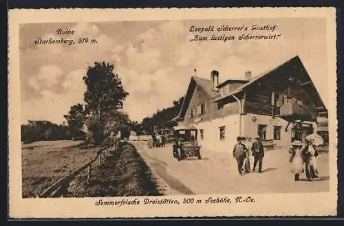 AK Dreistätten N.-Oe., Ruine Starhemberg, Leopold Scherrer`s Gasthof Zum lustigen Scherrerwirt