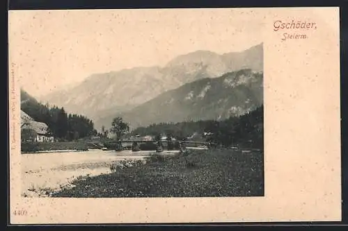 AK Gschöder /Steierm., Brücke mit Ort dahinter