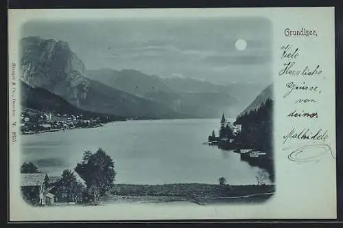 Mondschein-AK Grundlsee, Blick zum Ort am See