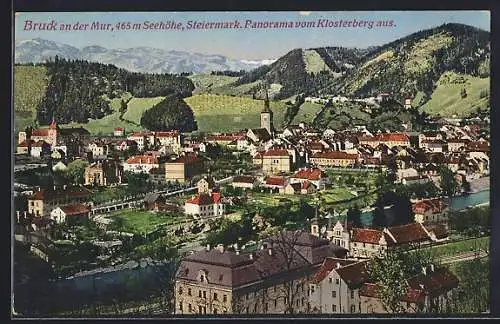 AK Bruck a. d. Mur, Panorama vom Klosterberg aus, Kirche, Berge