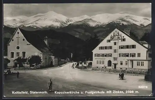 AK Knittelfeld, Kapuzinerkirche u. Postgebäude mit Zinken, Fahrrad