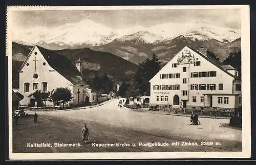 AK Knittelfeld, Kapuzinerkirche u. Postgebäude mit Zinken, Fahrräder