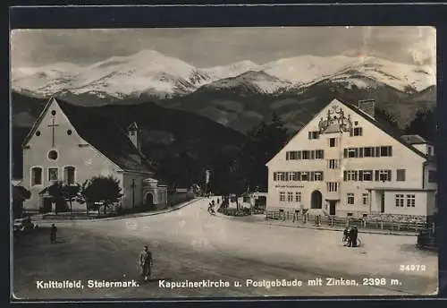 AK Knittelfeld, Kapuzinerkirche & Postgebäude mit Zinken