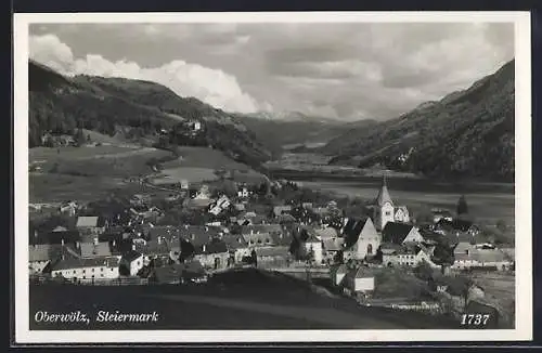 AK Oberwölz /Steiermark, Totalansicht von einen Berg aus