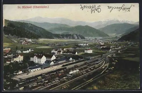 AK St. Michael /Obersteier., Ortsansicht mit Bahnhof