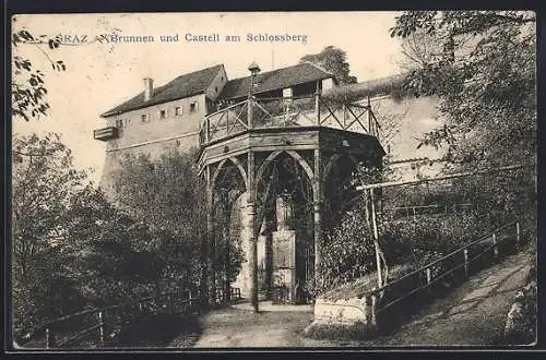 AK Graz, Brunnen und Castell am Schlossberg