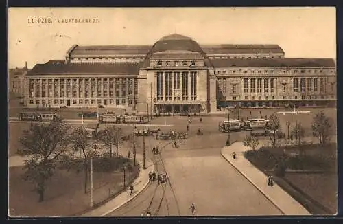 AK Leipzig, Blick auf den Hauptbahnhof, Strassenbahnen