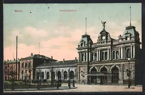 AK Mainz, Pferdekutschen vor dem Hauptbahnhof