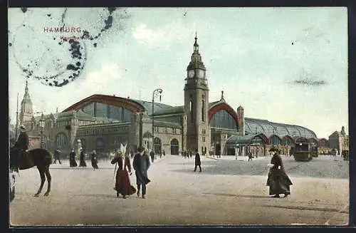 AK Hamburg-St.Georg, Partie am Hauptbahnhof, Leute, Strassenbahn