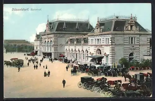 AK Düsseldorf, Bahnhof mit Droschken