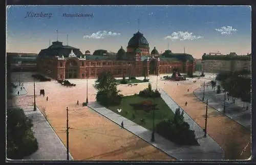 AK Nürnberg, Blick zum Hauptbahnhof, Pferdekutschen