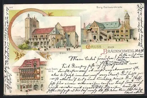 Lithographie Braunschweig, Dom, Haus Sack und Burg Dankwarderode