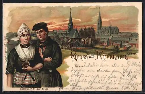 Lithographie Kevelaer, Mann und Frau in Tracht mit Blick zum Ort