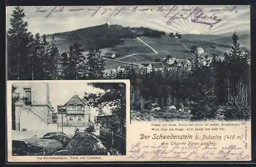 AK Pulsnitz, Schwedensteine, Turm und Lusthaus, Ortspanorama