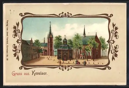 Passepartout-Lithographie Kevelaer, Strassenpartie an der Kirche