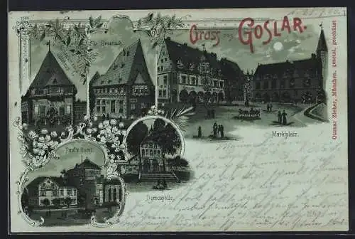 Mondschein-Lithographie Goslar, Paul`s Hotel, Domcapelle und Marktplatz