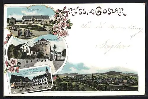 Lithographie Goslar, Kaiserpfalz, Hotel Achtermann und Marktplatz