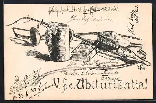 Künstler-AK Bierkrug, Pfeife, Degen und Studentenmütze, V. f. c. Abiturientia, Absolvia