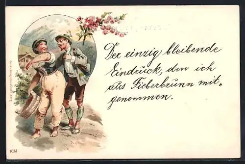 Lithographie Mann und Frau in Tracht in den Bergen