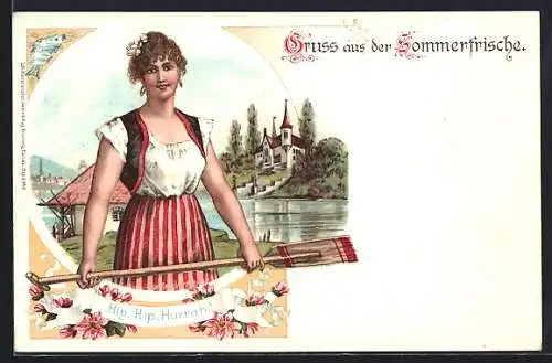 Lithographie Junge Frau mit einem Ruder in der Hand