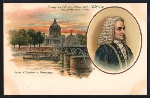 Lithographie Paris, Francois Marie Arouet de Voltaire, L`Academie Francaise