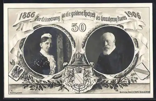 AK Goldene Hochzeit 1906, Porträts Grossherzog Friedrich von Baden u. seine Gemahlin, Wappen