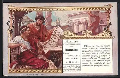 AK Roman, Epoch of Augustus, 25 B. C., The Art of writing through the centuries, Römer mit Schriftrolle, Kalender 1904