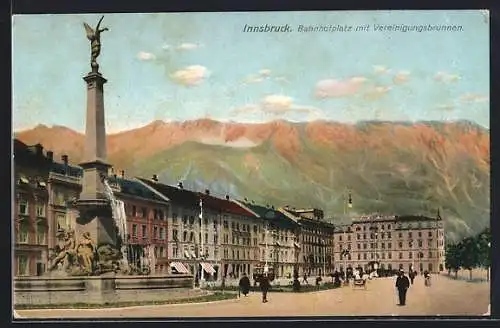 AK Innsbruck, Bahnhofplatz mit Vereinigungsbrunnen