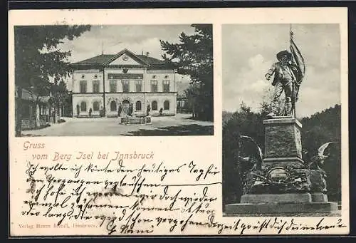 AK Innsbruck, Berg Isel mit Schiessstätte des Tiroler Jäger-Regimentes Kaiser Franz Joseph, Denkmal