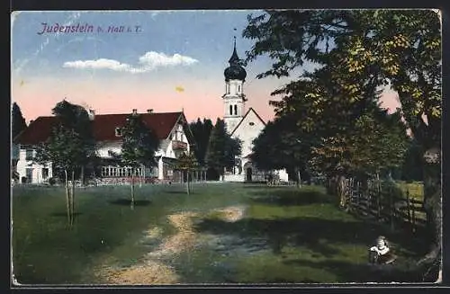 AK Judenstein b. Hall, Gasthaus Kirchenwirt v. Leop. Lung, die Kirche