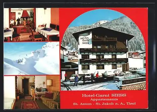 AK St. Anton-St. Jakob, Hotel garni Siess mit Innenansichten, Inh. Roman Siess