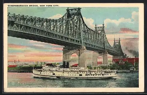 AK New York, NY, Queensborough Bridge, Partie mit Schiff