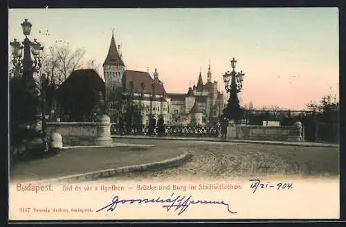 AK Budapest, Brücke und Burg im Stadtwäldchen