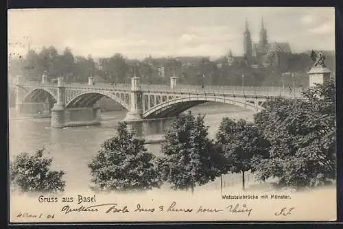 AK Basel, Wettsteinbrücke mit Münster