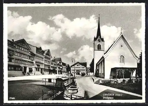 AK Urnäsch, Kirche, Restaurant-Bäckerei Engel und Gasthaus zum Ochsen am Marktplatz