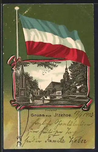 Passepartout-Lithographie Itzehoe, Klosterhof mit Denkmal, Flagge