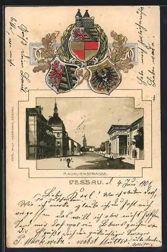 Passepartout-Lithographie Dessau, Kavalierstrasse mit Passanten, Wappen