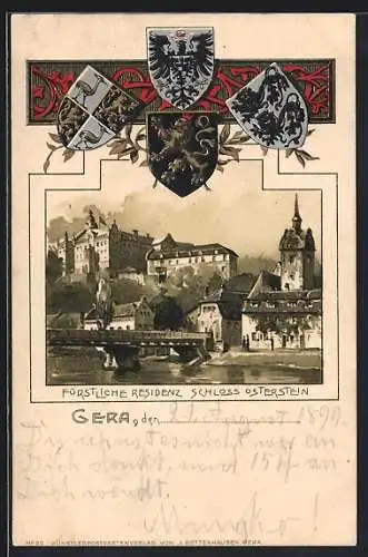 Passepartout-Lithographie Gera, Fürstliche Residenz, Schloss Osterstein, Wappen