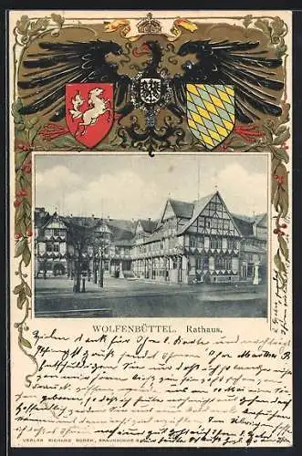 Passepartout-Lithographie Wolfenbüttel, Rathaus und Wappen