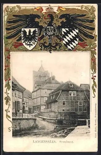 Passepartout-Lithographie Langensalza, Strassenpartie mit Blick zum Storchnest, Wappen