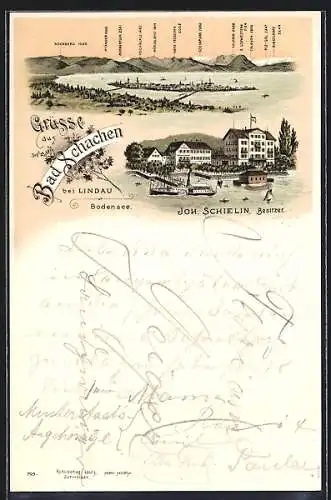 Lithographie Bad Schachen bei Lindau, Hotel ovn Joh. Schielin, Panorama mit Hochälple, Scesaplana und Falknis