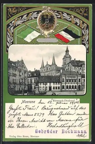 Passepartout-Lithographie Meerane, Bismarck-Denkmal, Wappen