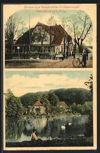 AK Neukloster in Hannover, Gasthaus von L. Ötting, Mühlenteich mit Forsthaus