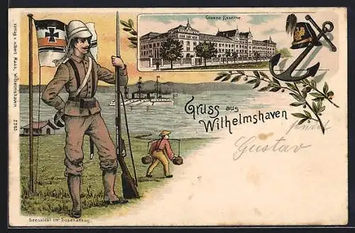 Lithographie Wilhelmshaven, Seesoldat im Tropenanzug, Chinesischer Bauer, Grosse Kaserne